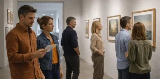 Как организовать выставку картин или фотовыставку в Турине: площадки, оборудование, пресс-релиз и продажи Организация выставки картин в Турине в современном арт-пространстве Современная галерея в Турине, аккуратная развеска работ, мягкий дневной свет, люди рассматривают картины, атмосфера культурного события