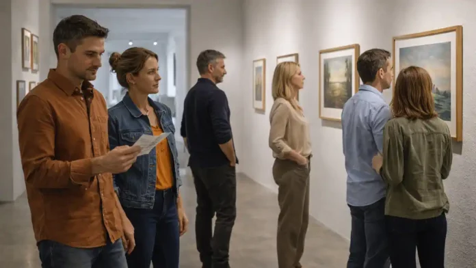 organizaciya-vystavki-kartin-turin-italia Организация выставки картин в Турине в современном арт-пространстве Современная галерея в Турине, аккуратная развеска работ, мягкий дневной свет, люди рассматривают картины, атмосфера культурного события