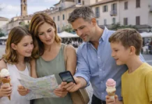 Отдых с детьми в Италии: 12 мест, куда реально хочется вернуться Отдых с детьми в Италии - идеи для семейной поездки Семья с двумя детьми планирует маршрут по Италии на фоне уютной городской площади, карта и мороженое, ощущение отпуска и спокойной логистики.