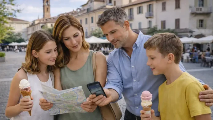 otdyh-s-detmi-italia-12-mest Отдых с детьми в Италии - идеи для семейной поездки Семья с двумя детьми планирует маршрут по Италии на фоне уютной городской площади, карта и мороженое, ощущение отпуска и спокойной логистики.