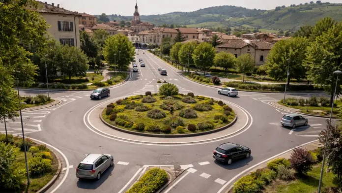 roundabout-italy-martina-franca Кольцевая развязка в Италии, вид сверху Современная круговая развязка в Италии с аккуратной разметкой, несколькими съездами и спокойным трафиком