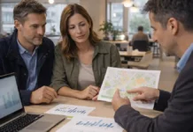 Турин дешевле Милана и Рима: цены на жильё и аренду в 2025-2026 и почему это важно Турин дешевле Милана и Рима: сравнение цен на жильё в Италии Консультация по выбору квартиры в Турине: пара обсуждает бюджет и районы с консультантом, современный городской интерьер, дневной свет