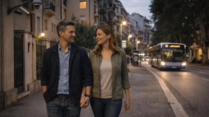 Опасные районы Турина: вечерняя улица и тревожная городская атмосфера Вечерний городской сюжет, который визуально поддерживает тему безопасности и выбора района для жизни