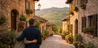 Volpedo в Пьемонте: почему её называют самой красивой деревней Европы и как съездить из Турина Volpedo в Пьемонте - каменные улочки и холмы Италии Фотореалистичный широкий кадр Volpedo: уютная каменная улица исторического центра, мягкий дневной свет, на заднем плане холмы и виноградники Пьемонта