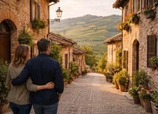 Volpedo в Пьемонте: почему её называют самой красивой деревней Европы и как съездить из Турина Volpedo в Пьемонте - каменные улочки и холмы Италии Фотореалистичный широкий кадр Volpedo: уютная каменная улица исторического центра, мягкий дневной свет, на заднем плане холмы и виноградники Пьемонта