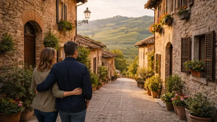 Volpedo в Пьемонте - каменные улочки и холмы Италии Фотореалистичный широкий кадр Volpedo: уютная каменная улица исторического центра, мягкий дневной свет, на заднем плане холмы и виноградники Пьемонта