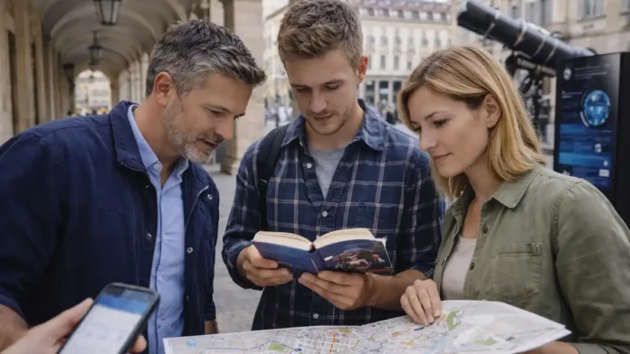 Научный туризм в Италии: Турин и Матера Путешественники изучают маршрут “скрытой науки” в Италии на фоне современной городской среды Турина, с намеком на технологии и университетскую атмосферу.