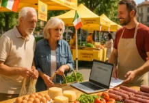 🍳 Фермерские рынки провинции Турина: где купить мясо, яйца и локальные продукты напрямую Фермеры на рынке в Турине продают яйца, сыр и мясо Продавцы и покупатели на утреннем рынке в Турине с ящиками свежих овощей, сыров, яиц и колбас, рядом вывеска "Campagna Amica", атмосфера доброжелательная