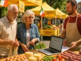 Фермеры на рынке в Турине продают яйца, сыр и мясо Продавцы и покупатели на утреннем рынке в Турине с ящиками свежих овощей, сыров, яиц и колбас, рядом вывеска "Campagna Amica", атмосфера доброжелательная