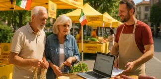 🍳 Фермерские рынки провинции Турина: где купить мясо, яйца и локальные продукты напрямую Фермеры на рынке в Турине продают яйца, сыр и мясо Продавцы и покупатели на утреннем рынке в Турине с ящиками свежих овощей, сыров, яиц и колбас, рядом вывеска "Campagna Amica", атмосфера доброжелательная