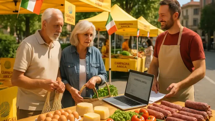 fermerskie-rynki-turin Фермеры на рынке в Турине продают яйца, сыр и мясо Продавцы и покупатели на утреннем рынке в Турине с ящиками свежих овощей, сыров, яиц и колбас, рядом вывеска "Campagna Amica", атмосфера доброжелательная