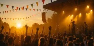 Лучшие события июля 2025 в Италии: концерты, фестивали и праздники для всей семьи Толпа людей на летнем фестивале в Италии с музыкой, огнями и артистами на сцене
