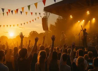 Лучшие события июля 2025 в Италии: концерты, фестивали и праздники для всей семьи Толпа людей на летнем фестивале в Италии с музыкой, огнями и артистами на сцене