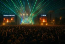 Июль в Турине 2025: лето, музыка и культурные хиты Толпа зрителей на Kappa FuturFestival 2025 в Парко Дора, Турин Фестиваль электронной музыки в Турине в июле 2025 года: сцена, толпа и лазеры над Парко Дор