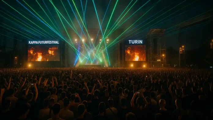 iyul-2025-turin-sobytiya-i-prazdniki Толпа зрителей на Kappa FuturFestival 2025 в Парко Дора, Турин Фестиваль электронной музыки в Турине в июле 2025 года: сцена, толпа и лазеры над Парко Дор