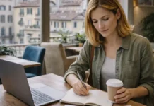 Как заработать деньги в Италии и работать меньше: что происходит после “массовых увольнений” Как заработать деньги в Италии: работа с гибким графиком и рост дохода Современная Италия, рабочая сцена без текста: человек с ноутбуком и блокнотом планирует доход и обучение, рядом городская среда