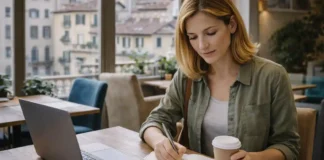 Как заработать деньги в Италии и работать меньше: что происходит после “массовых увольнений” Как заработать деньги в Италии: работа с гибким графиком и рост дохода Современная Италия, рабочая сцена без текста: человек с ноутбуком и блокнотом планирует доход и обучение, рядом городская среда