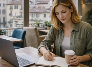 Как заработать деньги в Италии и работать меньше: что происходит после “массовых увольнений” Как заработать деньги в Италии: работа с гибким графиком и рост дохода Современная Италия, рабочая сцена без текста: человек с ноутбуком и блокнотом планирует доход и обучение, рядом городская среда