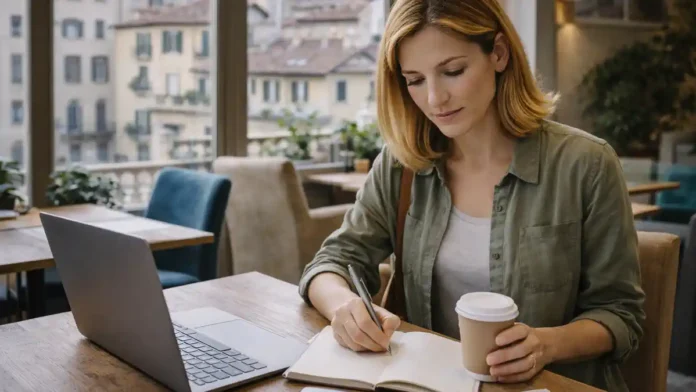 kak-zarabotat-dengi-italia-2026 Как заработать деньги в Италии: работа с гибким графиком и рост дохода Современная Италия, рабочая сцена без текста: человек с ноутбуком и блокнотом планирует доход и обучение, рядом городская среда