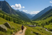 Пьемонт: горы, которые вдохновляют. Гид по лучшим маршрутам, деревням и приключениям Панорамный вид на горы Пьемонта летом с треккинговой тропой и альпийскими домиками