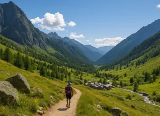 Пьемонт: горы, которые вдохновляют. Гид по лучшим маршрутам, деревням и приключениям Панорамный вид на горы Пьемонта летом с треккинговой тропой и альпийскими домиками