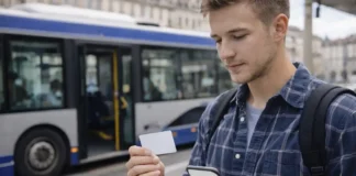Бесплатный проезд студентам в Пьемонте: PIEMOVE 2025-2026 и как оформить через bip.piemonte.it Бесплатный проезд студентам в Пьемонте PIEMOVE и оформление карты BIP Студент 18-25 лет в Турине у остановки, держит карту без читаемых данных, на фоне городской транспорт, спокойная атмосфера “льготы студентам”
