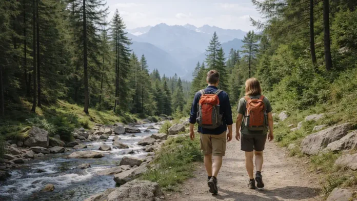 Природа Пьемонта рядом с Турином: горная тропа и вид на Альпы Летний маршрут в горах Пьемонта недалеко от Турина: тропа, хвойный лес, дальняя панорама Альп