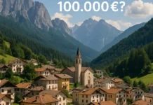 Почему никто не хочет жить в Sagron Mis Италия даже с бонусом 100.000€ на ремонт? Итальянская деревня Sagron Mis в горах Трентино, вид на старинные дома и горный пейзаж.