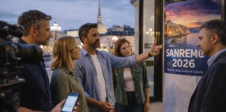 Sanremo 2026: перенесут ли фестиваль в Турин и что реально решает RAI Sanremo 2026 и Турин: обсуждение переноса фестиваля Ночной Турин у сцены и телекамер, люди у входа на музыкальное шоу, атмосфера ожидания