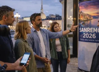 Sanremo 2026: перенесут ли фестиваль в Турин и что реально решает RAI Sanremo 2026 и Турин: обсуждение переноса фестиваля Ночной Турин у сцены и телекамер, люди у входа на музыкальное шоу, атмосфера ожидания