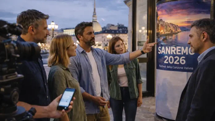 sanremo-2026-turin-rai Sanremo 2026 и Турин: обсуждение переноса фестиваля Ночной Турин у сцены и телекамер, люди у входа на музыкальное шоу, атмосфера ожидания