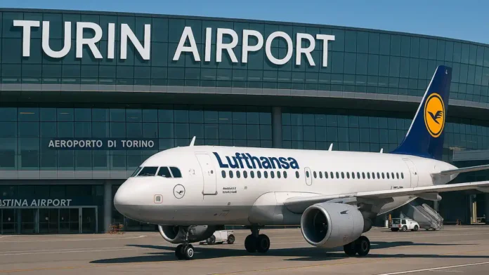 turin_airport Современный терминал аэропорта Caselle в Турине с логотипом Turin Airport на стеклянном фасаде