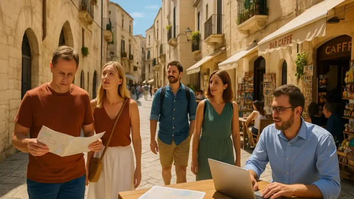 turizm-italia-2024-bari-trend Иностранные туристы гуляют по солнечным улочкам Бари, исследуя достопримечательности старого города, кафе и сувенирные лавки — символ роста популярности южной Италии