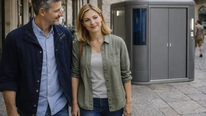 Веспасиани в Турине: историческая улица и современный городской туалет Фотореалистичная сцена в Турине: спокойная улица исторического центра, городской указатель и современный уличный туалет без текста и логотипов, атмосфера повседневной городской жизни