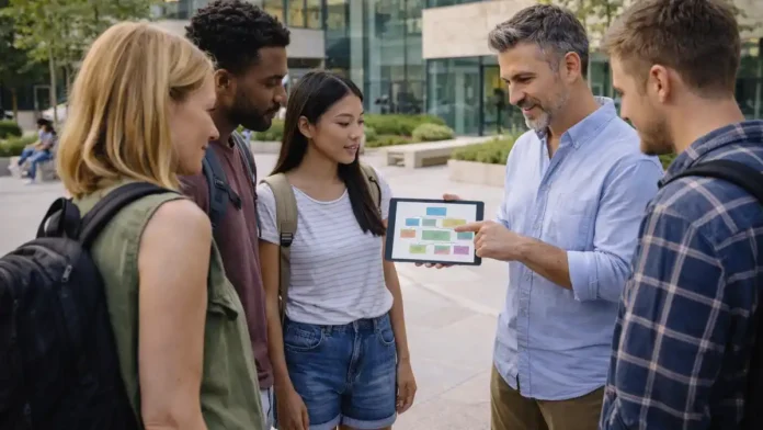 beida-campus-turin-2026 Пекинский университет Beida в Турине - кампус и студенты Современное учебное пространство в Турине, студенты и преподаватель обсуждают программу, атмосфера международного кампуса