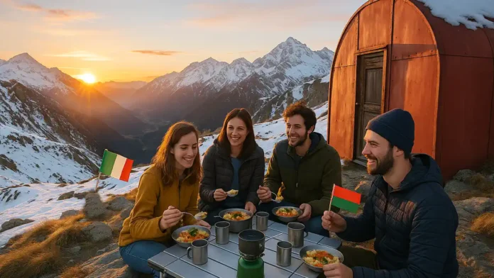 Биваки Пьемонта бесплатные ночлеги в Альпах Туристы в биваке с видом на Альпы в Пьемонте, Италия