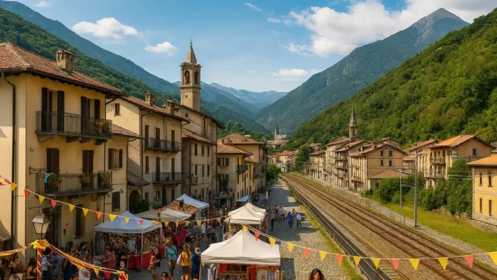 Жизнь в Ceres Пьемонт рядом с Турином Фотореалистичный вид Ceres в долине Валь-ди-Ланцо, горы, домики и железная дорога в сторону Турина, солнечная атмосфера.