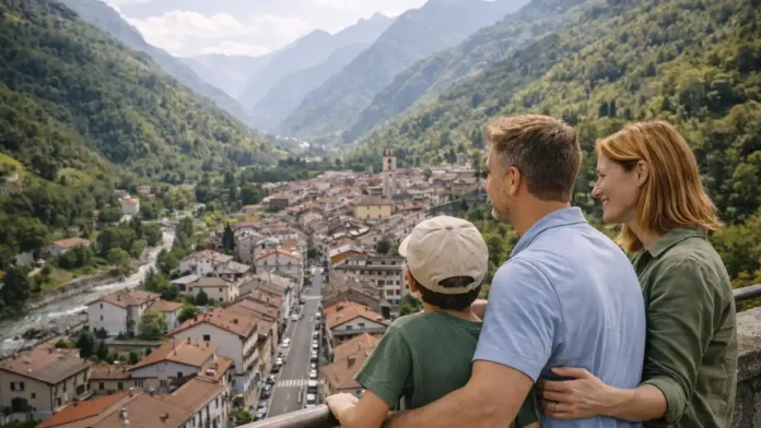 Ceres в Пьемонте - вид на горный городок и долину Валь-ди-Ланцо вид на Ceres в Пьемонте в мягком дневном свете: горный городок, долина, аккуратные дома и спокойная атмосфера жизни рядом с Турином