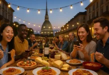 Кухня Италии 251 млрд евро в мире и шанс ЮНЕСКО: роль Турина и Пьемонта Итальянская кухня и вклад Турина в мировой рынок Фотореалистичное изображение: дегустация итальянских блюд на фоне Mole Antonelliana в Турине, символ итальянской гастрономии