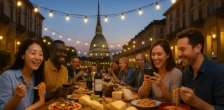 Кухня Италии 251 млрд евро в мире и шанс ЮНЕСКО: роль Турина и Пьемонта Итальянская кухня и вклад Турина в мировой рынок Фотореалистичное изображение: дегустация итальянских блюд на фоне Mole Antonelliana в Турине, символ итальянской гастрономии