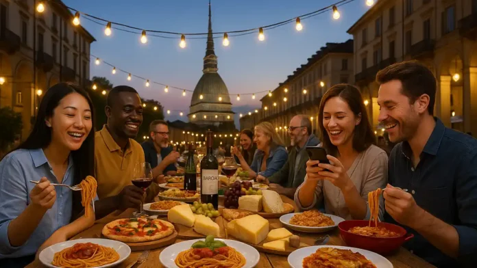 Итальянская кухня и вклад Турина в мировой рынок Фотореалистичное изображение: дегустация итальянских блюд на фоне Mole Antonelliana в Турине, символ итальянской гастрономии