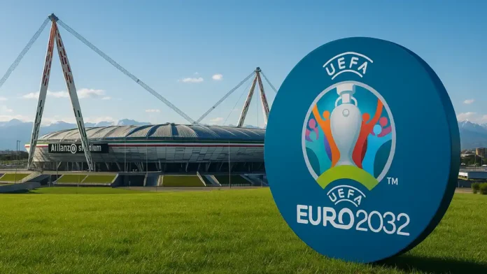 euro-2032-turin-stadium Allianz Stadium в Турине единственный готовый к Euro 2032 стадион в Италии вид на Allianz Stadium в солнечный день с логотипом UEFA Euro 2032 на переднем плане