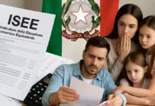 ISEE в Италии простыми словами: что это, как влияет на пособия и почему его критикуют ISEE в Италии 2025 льготы и ловушка бедности семья с документами ISEE, рядом калькулятор и государственный символ Италии.