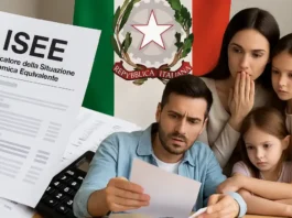 ISEE в Италии 2025 льготы и ловушка бедности семья с документами ISEE, рядом калькулятор и государственный символ Италии.
