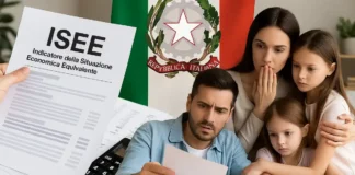 ISEE в Италии простыми словами: что это, как влияет на пособия и почему его критикуют ISEE в Италии 2025 льготы и ловушка бедности семья с документами ISEE, рядом калькулятор и государственный символ Италии.