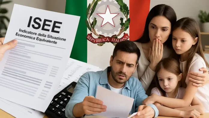 isee-poverta ISEE в Италии 2025 льготы и ловушка бедности семья с документами ISEE, рядом калькулятор и государственный символ Италии.