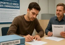 Мигранты как основа экономики Италии: что на самом деле стоит за новым Decreto Flussi Мигранты на итальянском рынке труда новый Decreto Flussi 2026–2028 Группа людей разных национальностей, работающих в Италии, с фоном в виде флага страны и строительных площадок, символизирующих рынок труда.