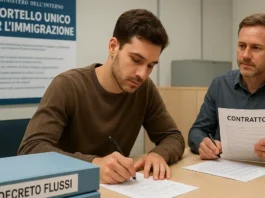 Мигранты на итальянском рынке труда новый Decreto Flussi 2026–2028 Группа людей разных национальностей, работающих в Италии, с фоном в виде флага страны и строительных площадок, символизирующих рынок труда.