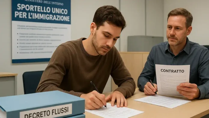 italia-decreto-flussi-migranty-2026-2028 Мигранты на итальянском рынке труда новый Decreto Flussi 2026–2028 Группа людей разных национальностей, работающих в Италии, с фоном в виде флага страны и строительных площадок, символизирующих рынок труда.