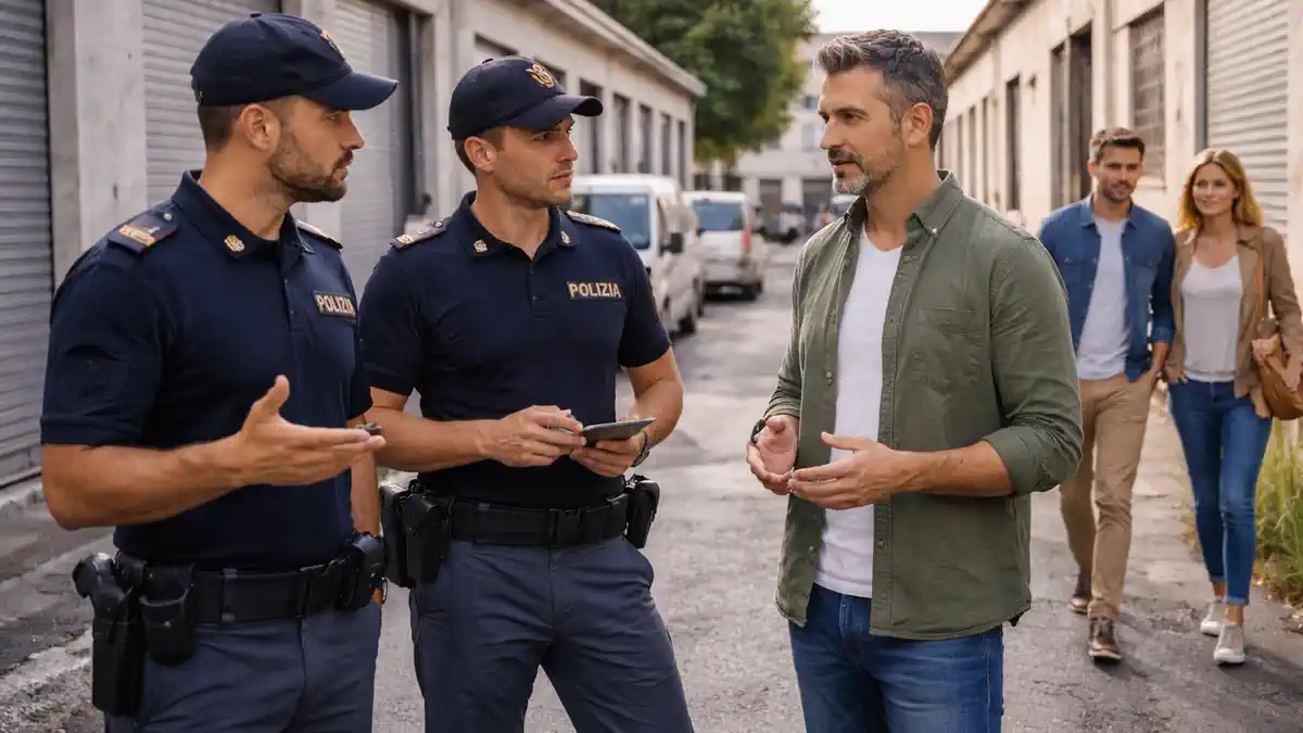 Прато, Италия: расследование китайской мафии и подпольной fast fashion о расследованиях в текстильном городе Прато: улица рядом с индустриальным кварталом, полиция и обычные прохожие, без драматизации.